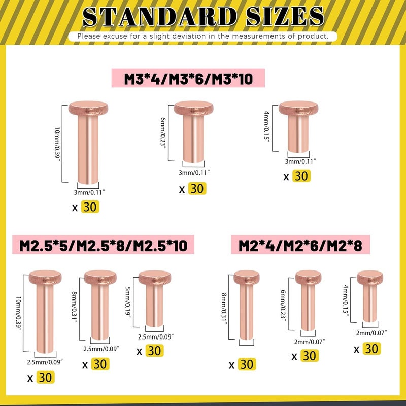 Mardatt 270Pcs Flat Head Copper Solid Rivets Kit, M2 M2.5 M3 Solid Copper Rivets Fasteners, Flat Head Rivets Solid Copper Rivets for Electrical Applications, Leather Working Supplies - Image 2